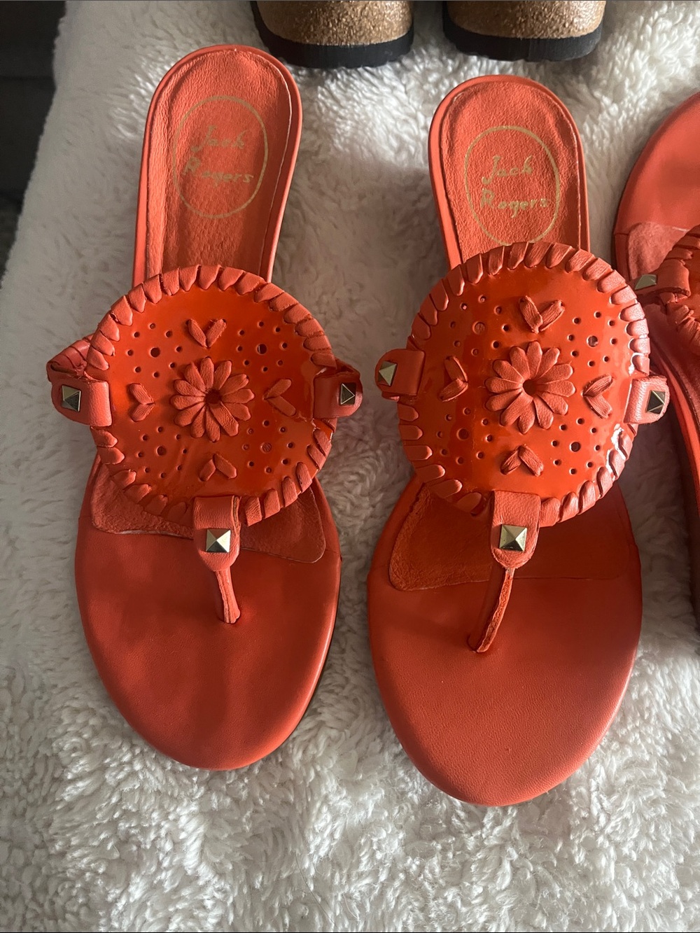 Jack Rogers Coral Orange Leather Thong Sandals with Medallion